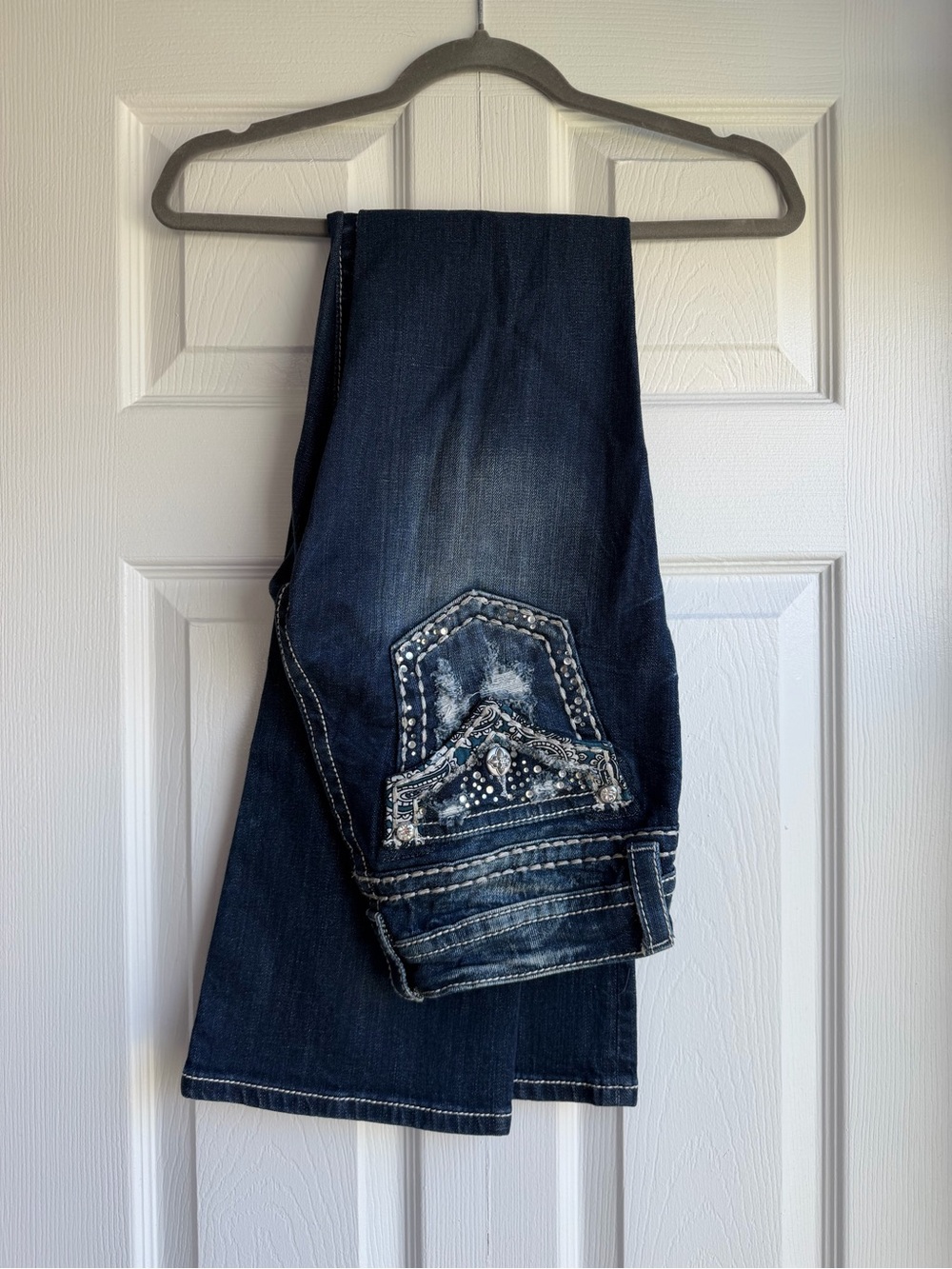 Miss Me Paisley Patches Rhinestone Low Rise Bootcut Jeans Size 26